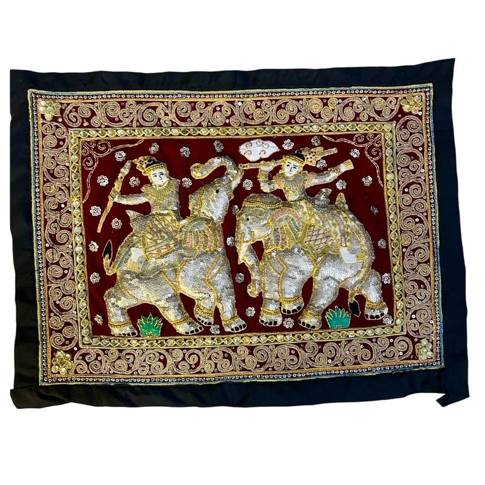 Vintage Kalaga Tapestry Velvet beaded wall scroll Gold Elephant Embroidery